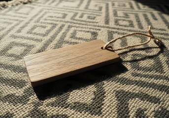 Fototapeta premium A blank, rectangular wooden tag with a string attached lies on a textured patterned rug, beautifully illuminated by natural sunlight creating distinct shadows and a warm, inviting ambiance.