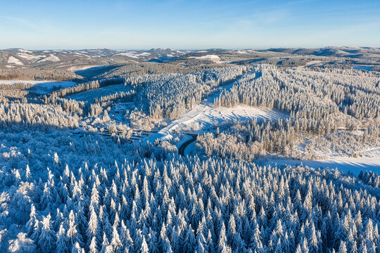 Aerial view of a dense forest covered in snow, the blue sky contrasting with the white landscape, Winterberg, North Rhine-Westphalia, Germany.