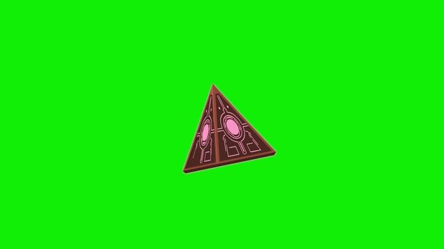 An animated red glowing 2D pyramid with geometric details spinning against a chroma key backdrop. This flat-style mystical artifact is perfect for 2D platformers or digital storytelling.