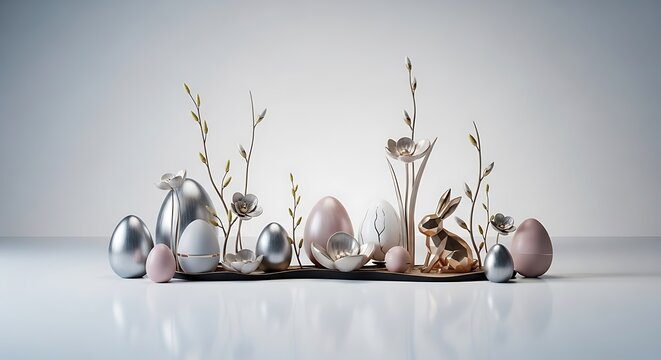 Elegant easter eggs and flowers in metallic pastel color vector illustration