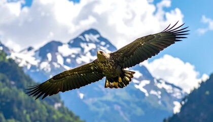 Obraz premium Majestic Eagle Soaring Above the Mountain Peaks in a Clear Blue Sky.