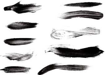 Obraz premium Big collection of black paint, ink brush strokes, brushes, lines, grungy. Dirty artistic design elements, boxes, frames. Vector illustration. Isolated on white background. Freehand drawing