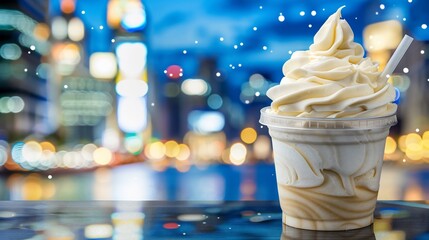 Naklejka premium A cup of swirled vanilla dessert with a straw, cityscape background with bokeh