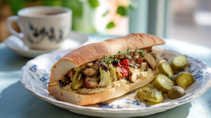 Delicious sandwich with grilled vegetables and pickles on a plate beside a cup of coffee in a cozy cafe setting with natural light