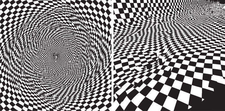 Dynamic black and white op-art featuring a swirling checkered vortex and a warped perspective grid that creates a disorienting sense of motion, depth, and structural distortion.