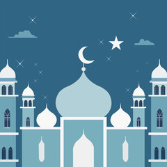 Fototapeta premium Blue Islamic Mosque with Crescent Moon and Stars – Eid Mubarak Night Illustration