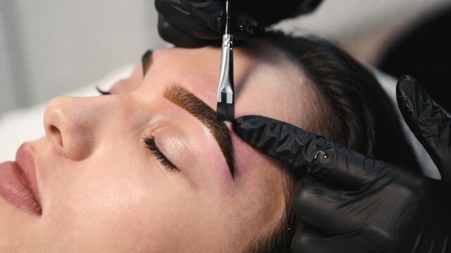 Female caucasian young face receiving eyebrow tinting at beauty salon.