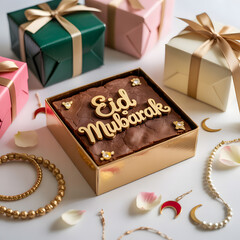 Elegant Gold-Lettered Brownie Box with "Eid Mubarak" Surrounded by Pastel Gifts, Rose Petals and Crescent Charms &mdash; Luxurious Eid Chocolate Gift Presentation