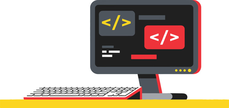 Computer monitor displays code snippets with angle brackets indicating web development activity on a desk.