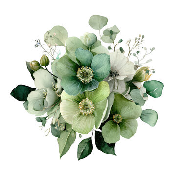 Beautiful bouquet of green and white flowers and leaves arrangement isolated on transparent background transparent background