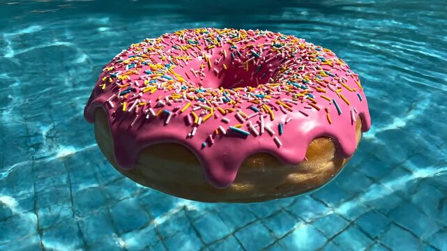 Pink Frosted Donut with Colorful Sprinkles Gently Floating on Blue Swimming Pool Water during Sunny Day