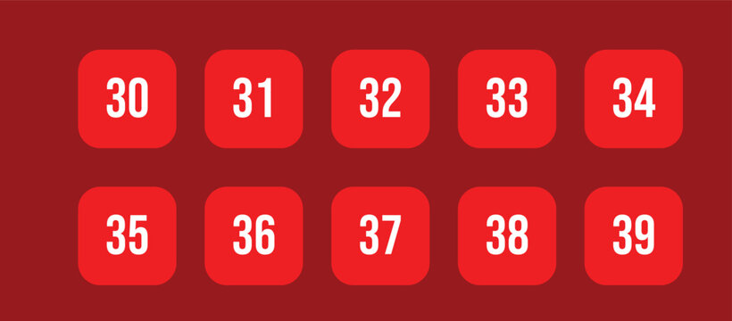 Orange Square Numbers 30-31 set 30 31 32 33 34 35 36 37 38 39&ndash; Numeric Typography Vector Illustration