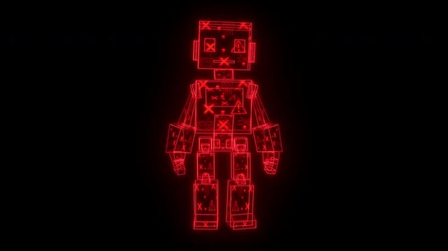 Red Neon 3D Robot Hologram Bowing Forward, Compromised Service AI and Cyber Threat Concept