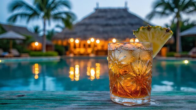 Refreshing cold drink with pineapple at tropical poolside resort with changing focus