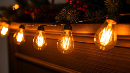 Close-up of vintage incandescent bulbs glowing warmly, cozy decorative lighting photo.