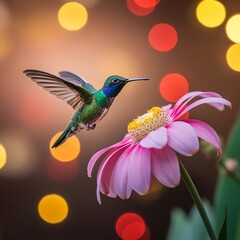 Obraz premium Hummingbird hovers near bright pink flower with beautiful colored bokeh.