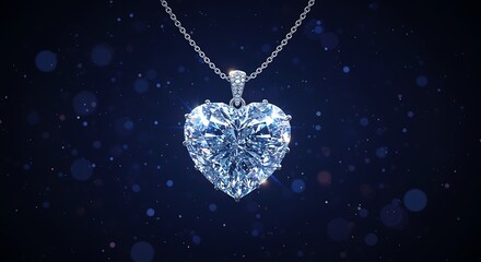 Heart shaped diamond pendant on silver chain with sparkling background