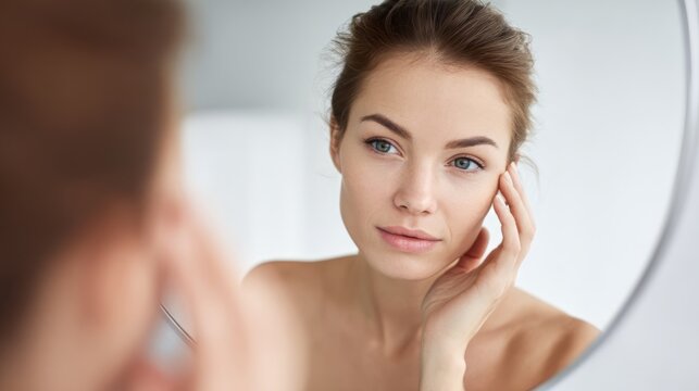 Woman looking at herself in mirror, touching soft youthful skin on face. Beauty skin care concept with natural bare complexion for cosmetic product.