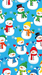 Bright festive pattern of cartoon snowmen with colorful scarves, hats, and mittens on blue background illustration.