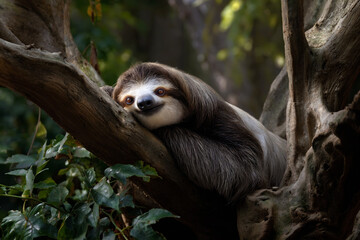 Fototapeta premium sloth lying in tree, lazy sloth on branch, peaceful sloth in rainforest