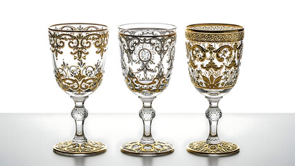 Elegant ornate wine glasses with gold detailing, luxury glassware photography.