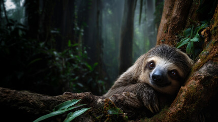 Fototapeta premium sloth lying in tree, lazy sloth on branch, peaceful sloth in rainforest