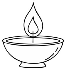 Hand drawn black and white outline of a traditional Diya oil lamp for Diwali festival