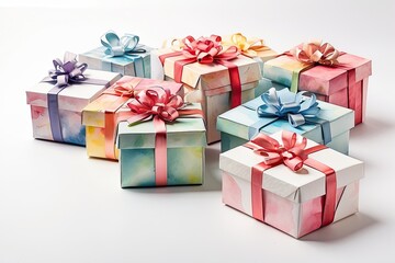 Watercolor birthday background, pastel gifts with bows, festive celebration pattern, space for text.