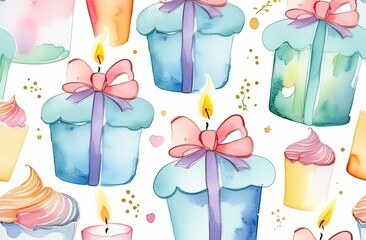 Seamless watercolor pattern of birthday presents with bows, pastel wrapping, festive and playful design.