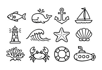 Hand Drawn Marine and Sea Life Doodle Icons Set: Nautical Ocean Symbols © drawing lines
