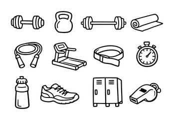 Hand Drawn Fitness and Gym Workout Doodle Icons Set for Sports and Health