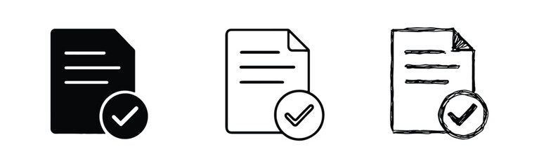 Document with checkmark icon in three styles. Vector illustration of approved file, completed task, or verified report.