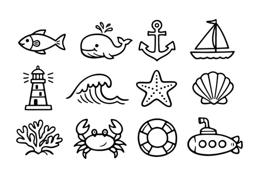 Hand Drawn Marine and Sea Life Doodle Icons Set: Nautical Ocean Symbols