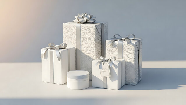 Elegant photo of five gift boxes wrapped in silver paper with ribbons and bows, symbol of celebration and luxury.