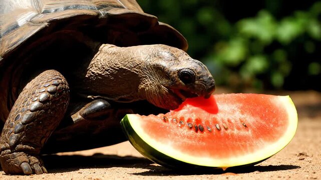 Giant Tortoise Enjoying a Juicy Watermelon Slice on a Sunny Day