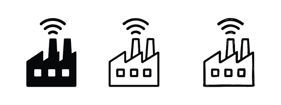 Smart factory icon with Wi-Fi signal in three styles. Vector illustration of Industry 4.0, IoT, and industrial automation.