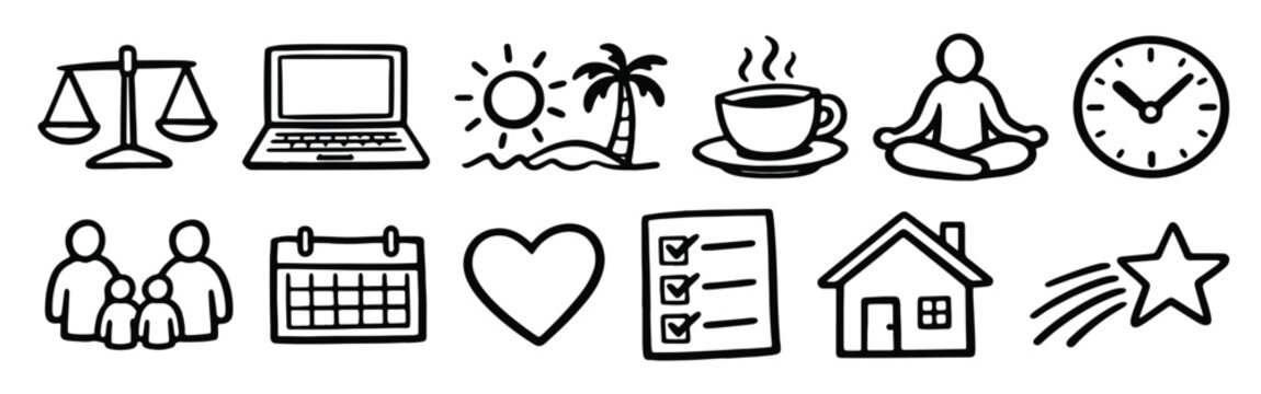 Lifestyle and well-being hand-drawn icons set. Vector illustration of work-life balance, relaxation, and everyday elements.