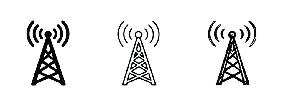 Communication Tower and Antenna Icons Set. Radio Tower, Cell Phone Tower, and Broadcast Tower Symbols.