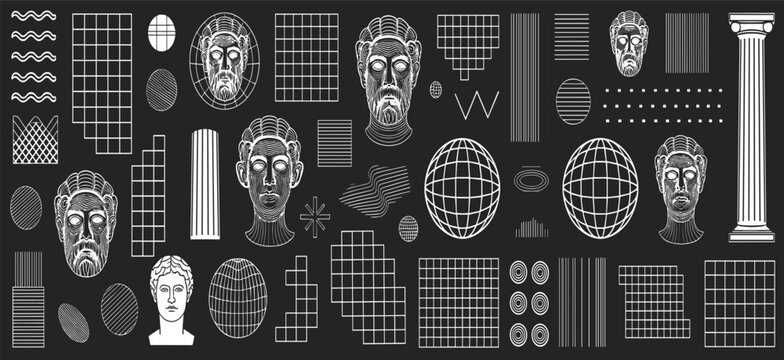 Black and White Geometric and Classical Elements Collage on Black Background Keywords: abstract, geometric, classical, elements