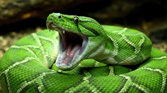 Close up of a Green Snake Yawning with Fangs Visible