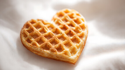 Golden heart-shape waffle on white fabric, perfectly cooked with crispy edges and soft texture, a sweet breakfast treat for romantic mornings