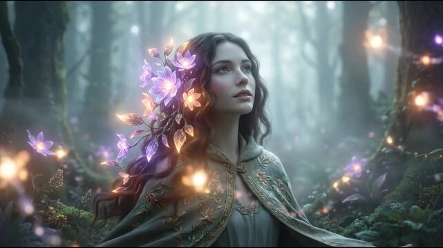 Woman awakening mystical aura in enchanted forest. Glowing purple flowers and magical lights surround her in animated sequence revealing nature spirit essence.