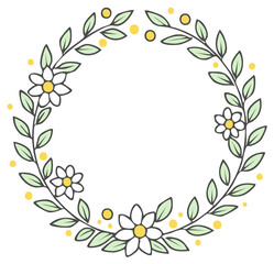 Fototapeta premium Delicate floral wreath with white daisies and green leaves with yellow polka dots