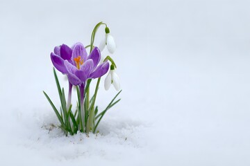 Crocus and snowdrop flowers emerge from the snow indicating springs arrival
