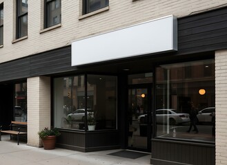 Blank rectangular storefront sign mockup, modern shop exterior branding template.