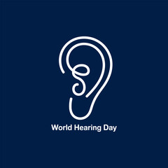 A minimalist white line drawing of a human ear against a dark blue background with text