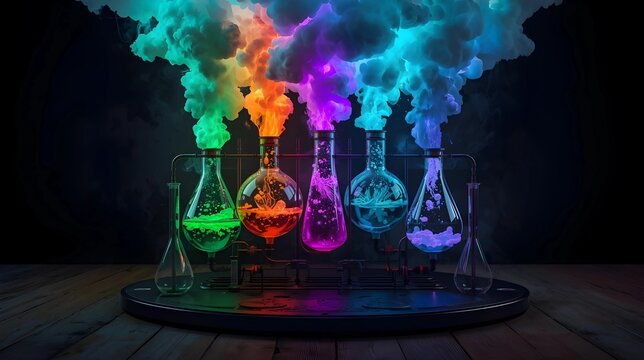 Five glass laboratory flasks sit on a circular base, emitting thick, vibrant clouds of neon green, orange, purple, and blue smoke that blend into a dark, atmospheric background.