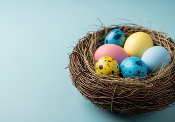 Obraz premium Happy easter text surrounded by colorful eggs and flowers