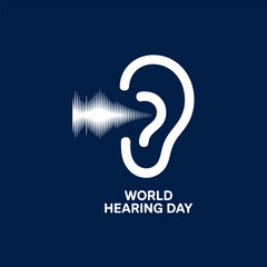 A stylized white ear graphic with sound waves emitting towards the word world hearing day