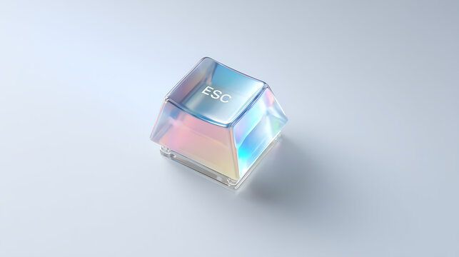 Vibrant translucent computer keycap with 'ESC' inscription, showcasing a spectrum of holographic colors and reflections on a minimalist light gray surface, modern technology concept
